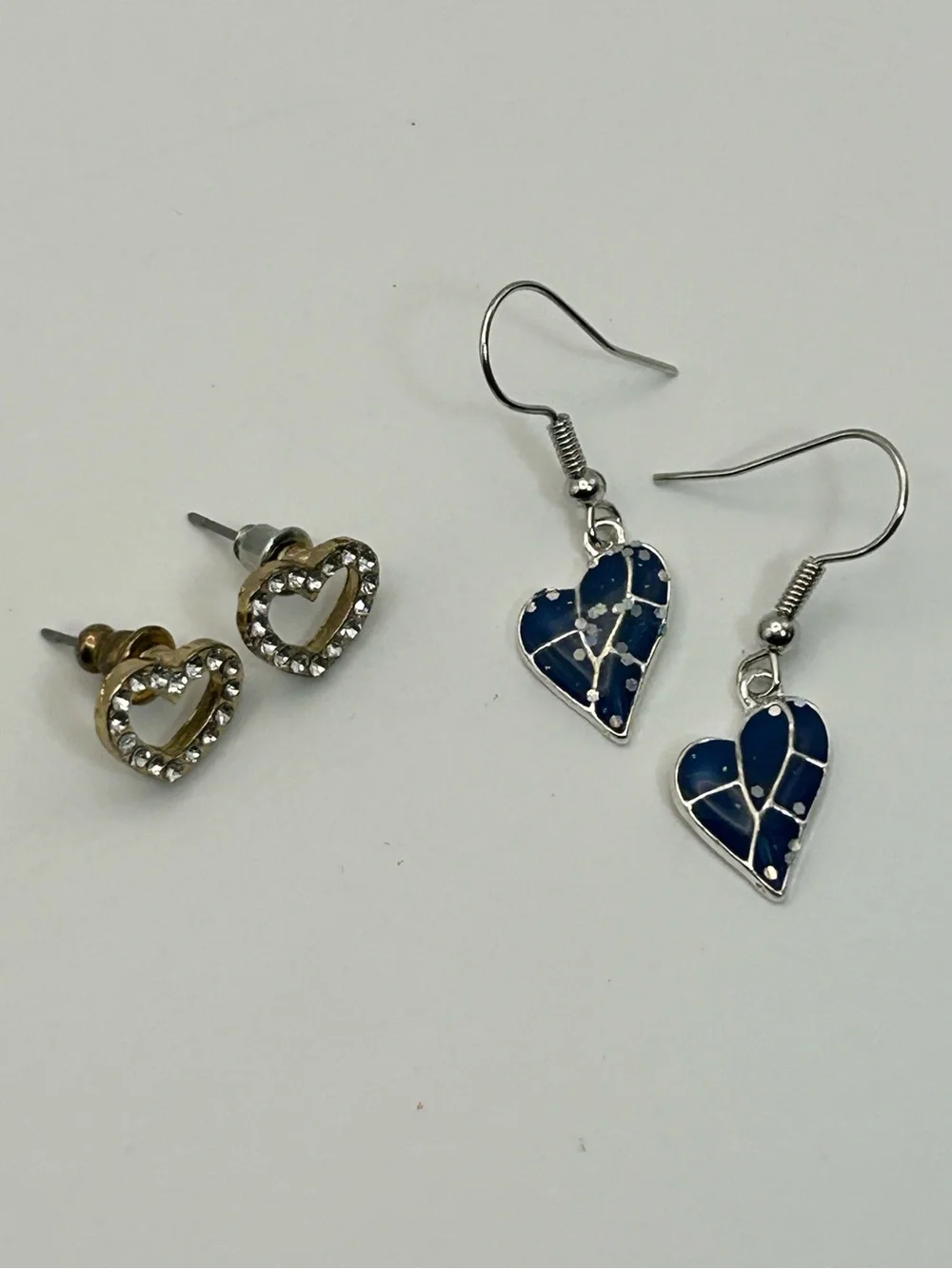 2 Pair Silver-tone Heart Earrings Blue Dangle, Crystal Studs